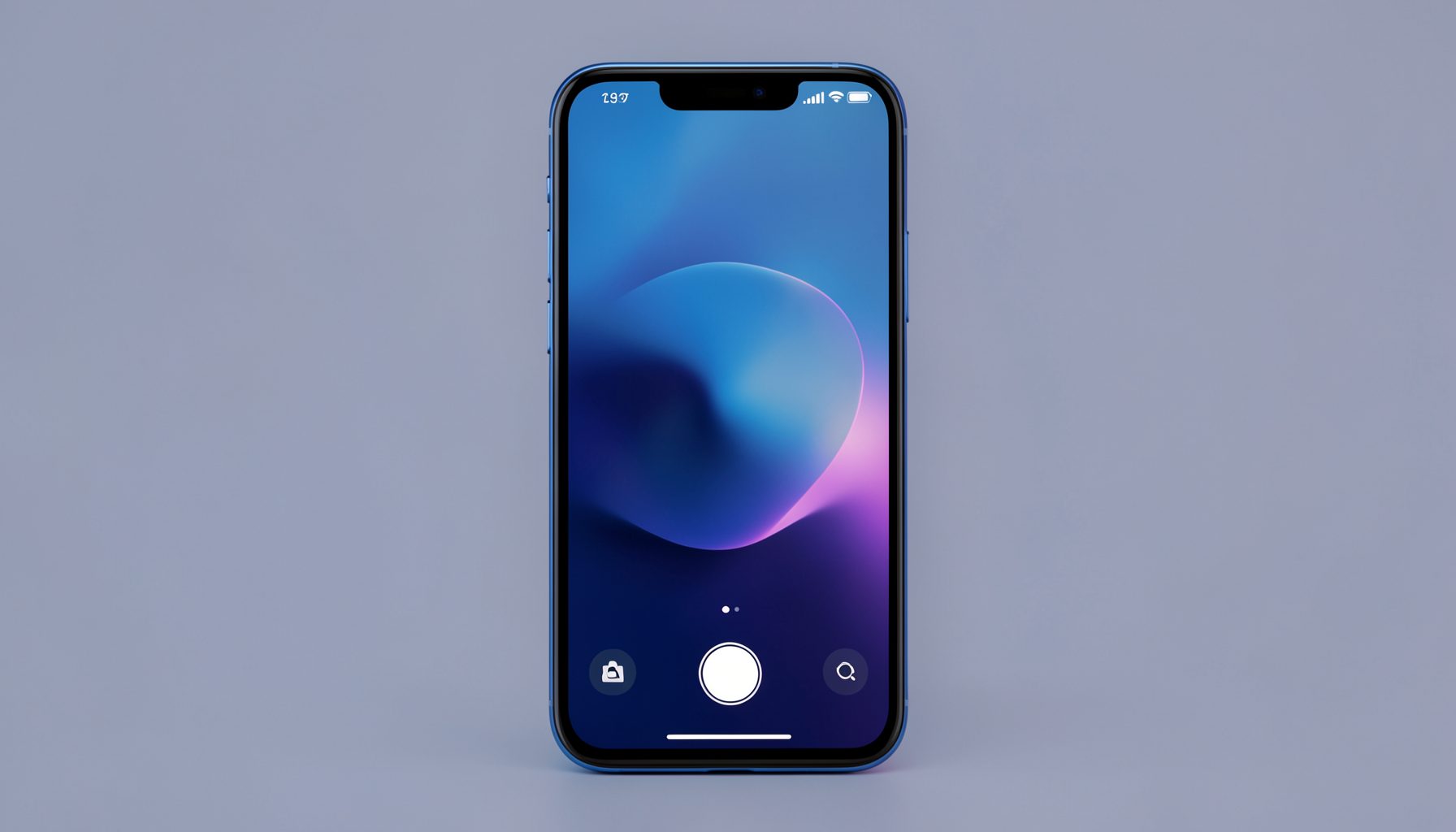 Smartphone dengan layar menyala menampilkan antarmuka kamera selfie, warna dominan biru tua dan ungu metalik, suasana modern dan bersih