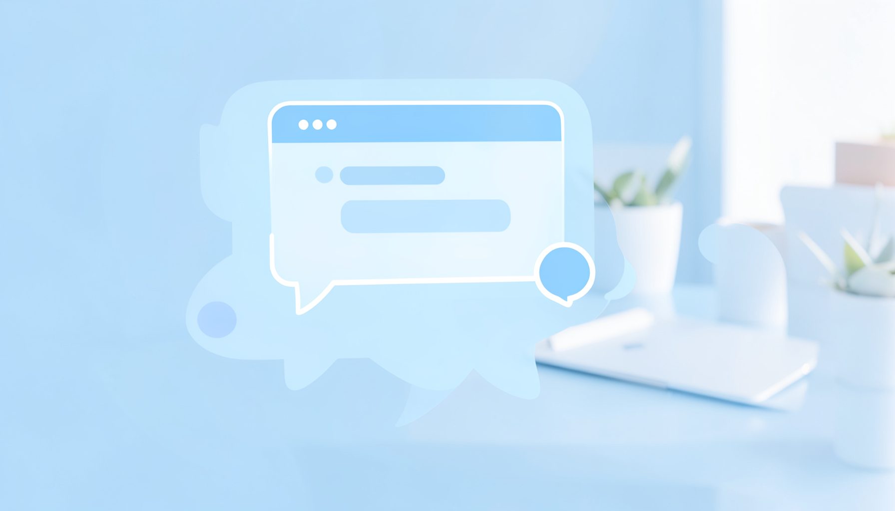 Forum diskusi online dengan ikon gelembung chat, warna dominan biru lembut dan putih, suasana kolaboratif