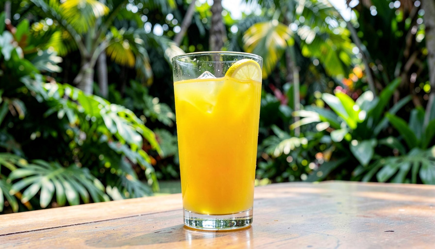 Minuman segar berwarna cerah dalam gelas bening dengan latar taman tropis yang rindang