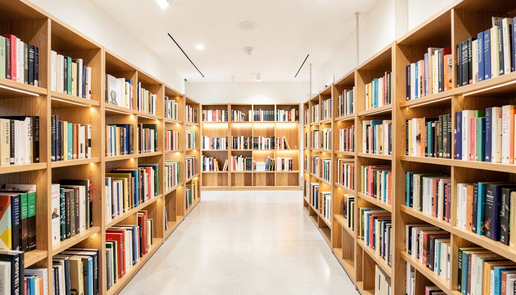 Rak perpustakaan modern dengan buku-buku berjajar rapi, pencahayaan hangat, nuansa kayu dan putih bersih yang mengundang rasa ingin tahu.