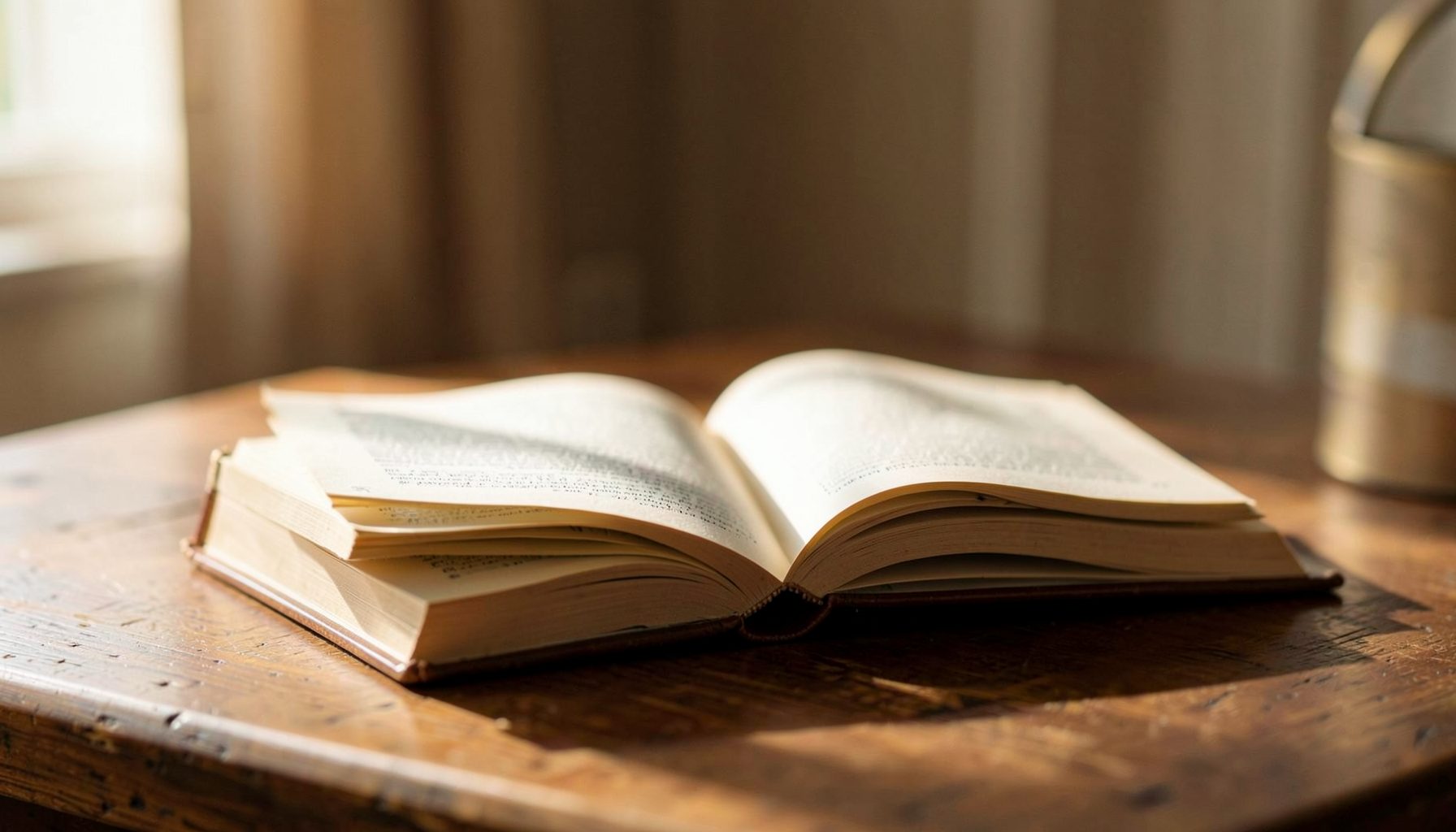 Tumpukan buku terbuka di atas meja kayu hangat dengan cahaya lembut alami, suasana tenang dan kontemplatif dalam warna cokelat, krem, dan emas pudar.
