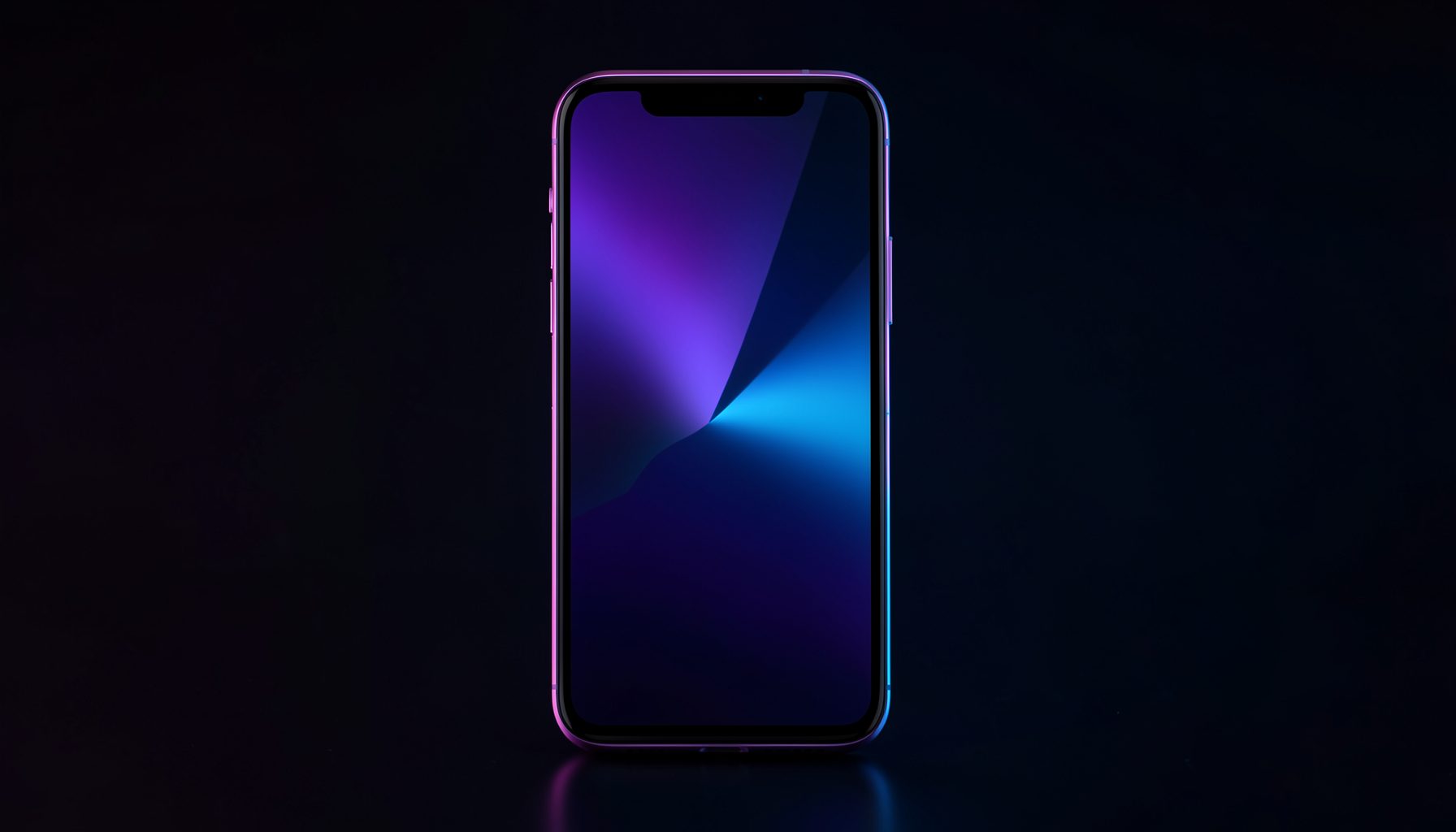 Layar smartphone modern dengan latar belakang gelap dan cahaya neon ungu serta biru yang memantul lembut, menciptakan suasana teknologi yang futuristik dan elegan.