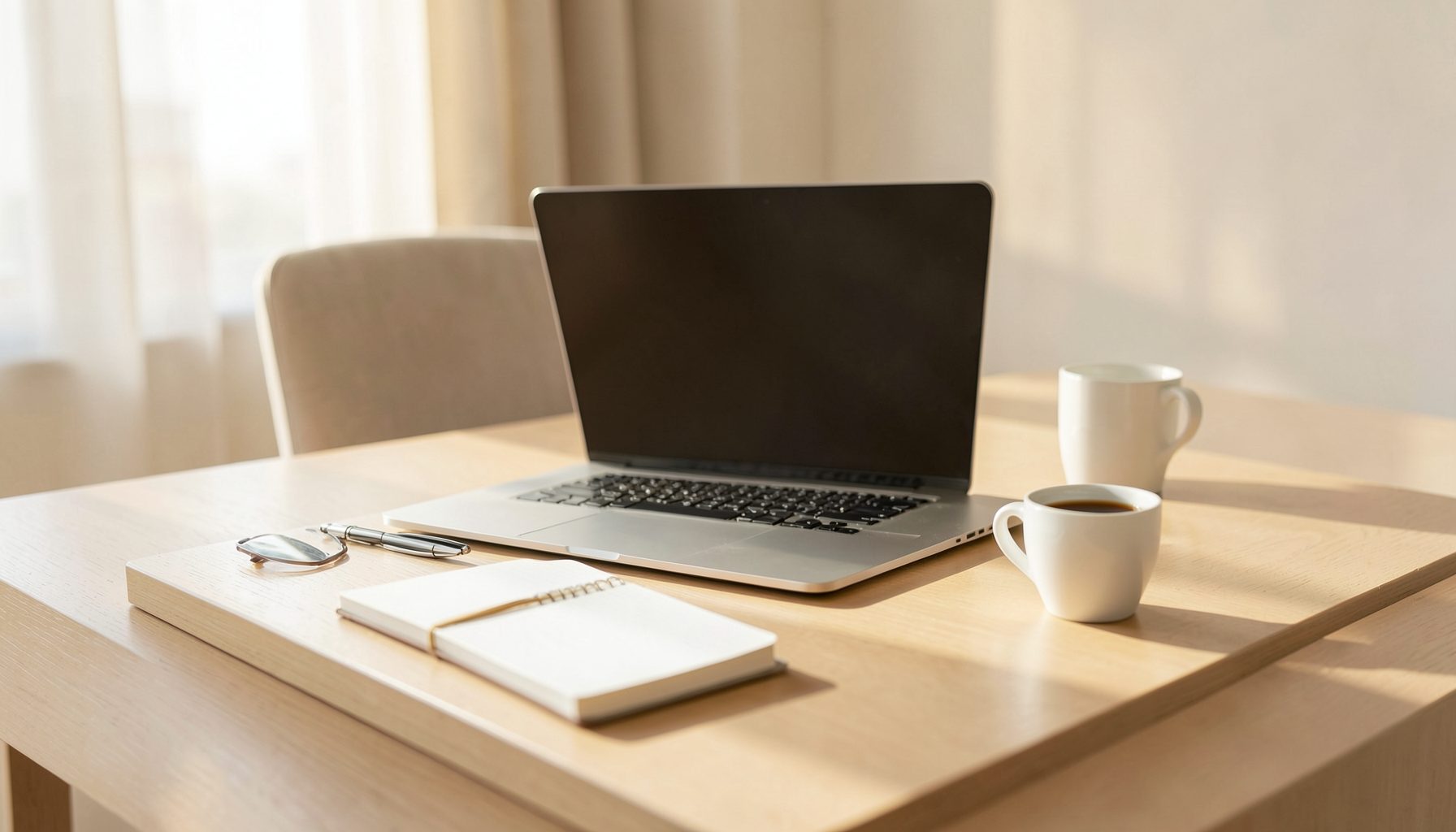 Meja kerja minimalis dengan laptop, buku catatan, dan secangkir kopi dalam cahaya pagi yang hangat. Suasana tenang dan bersahabat dengan dominasi warna krem, cokelat muda, dan putih.